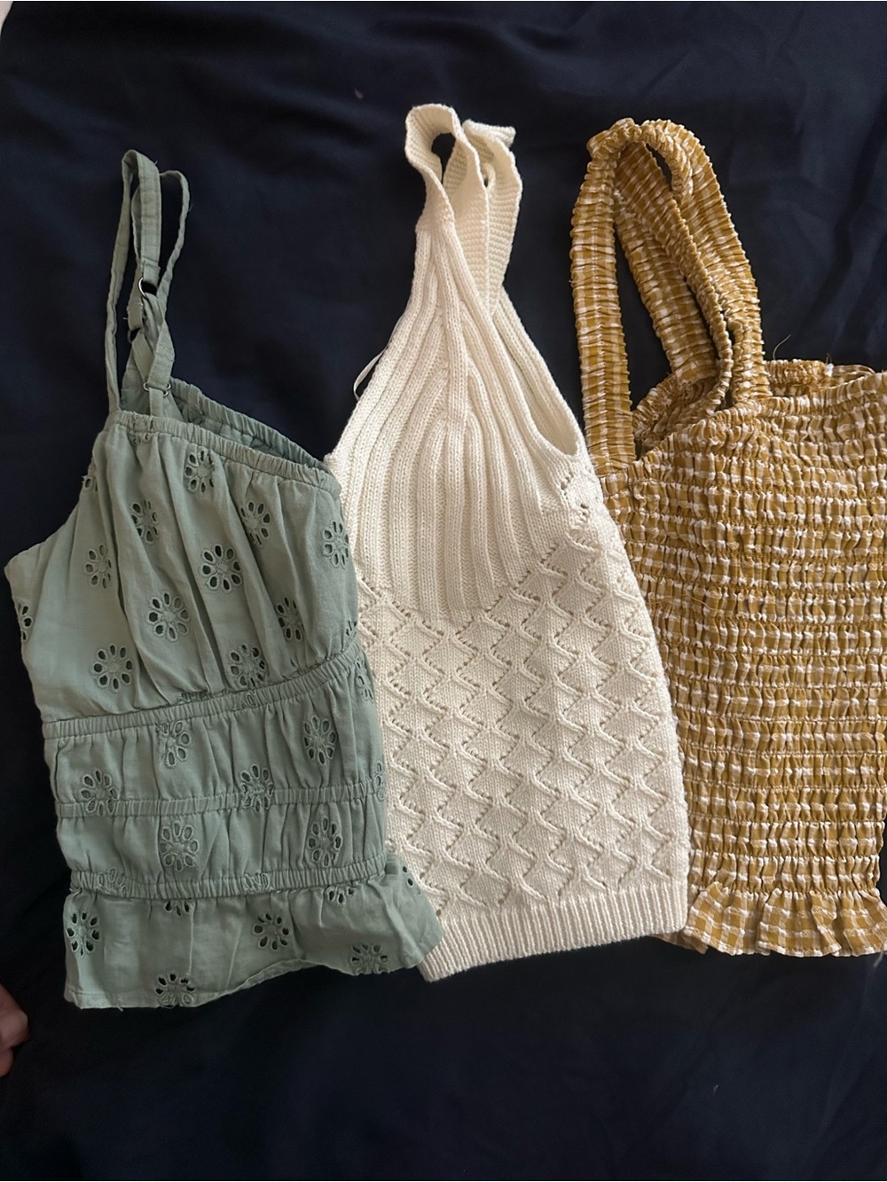 Three Knit & Eyelet Tank Tops - Sage Green, Cream, Mustard